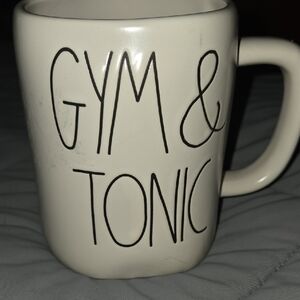 Rae Dunn Cream Mug with Black 'Gym & Tonic' Text